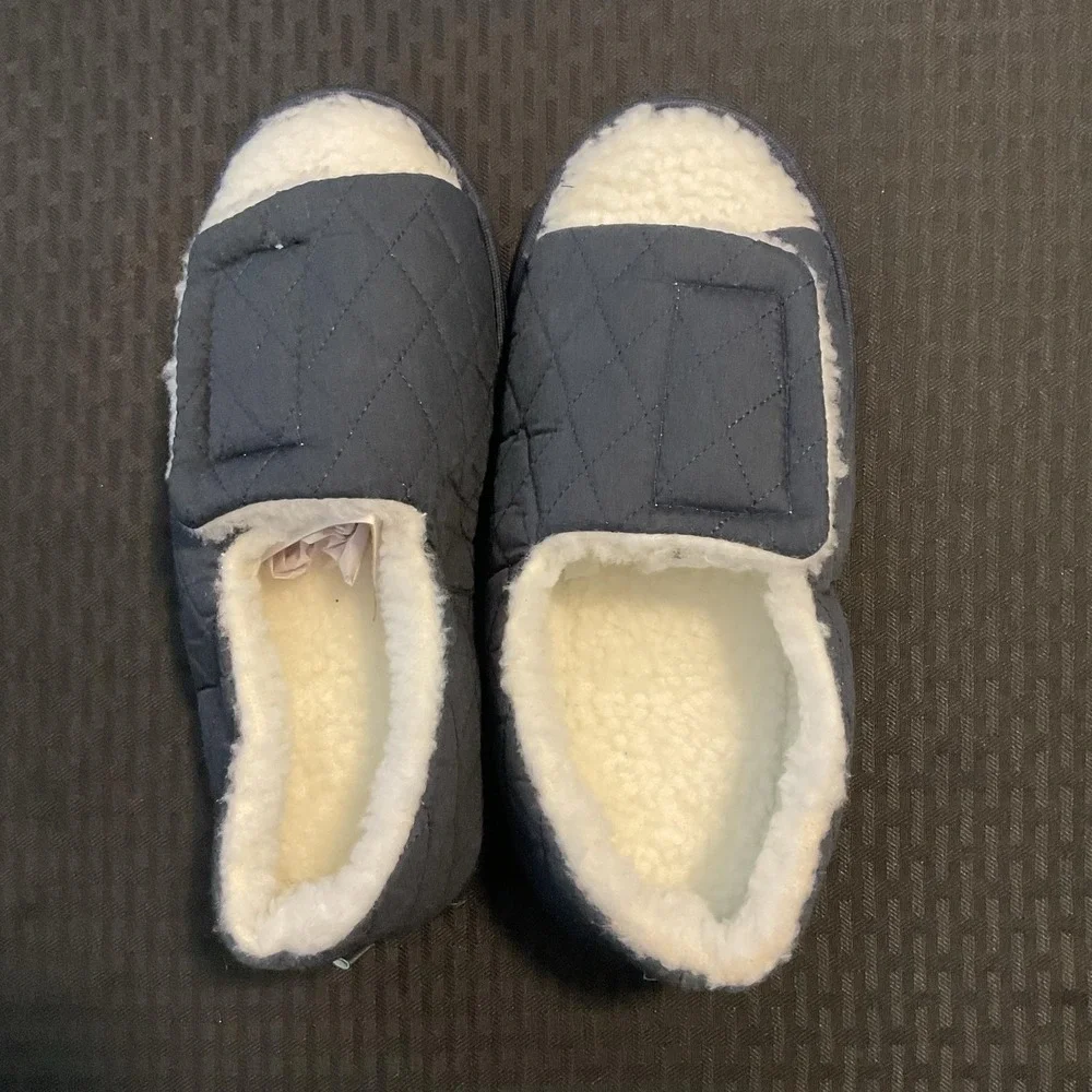 Silver Steps Slippers Mens 9/10 Blue Quilted Bootie Faux Fur Hook & Loop Winter